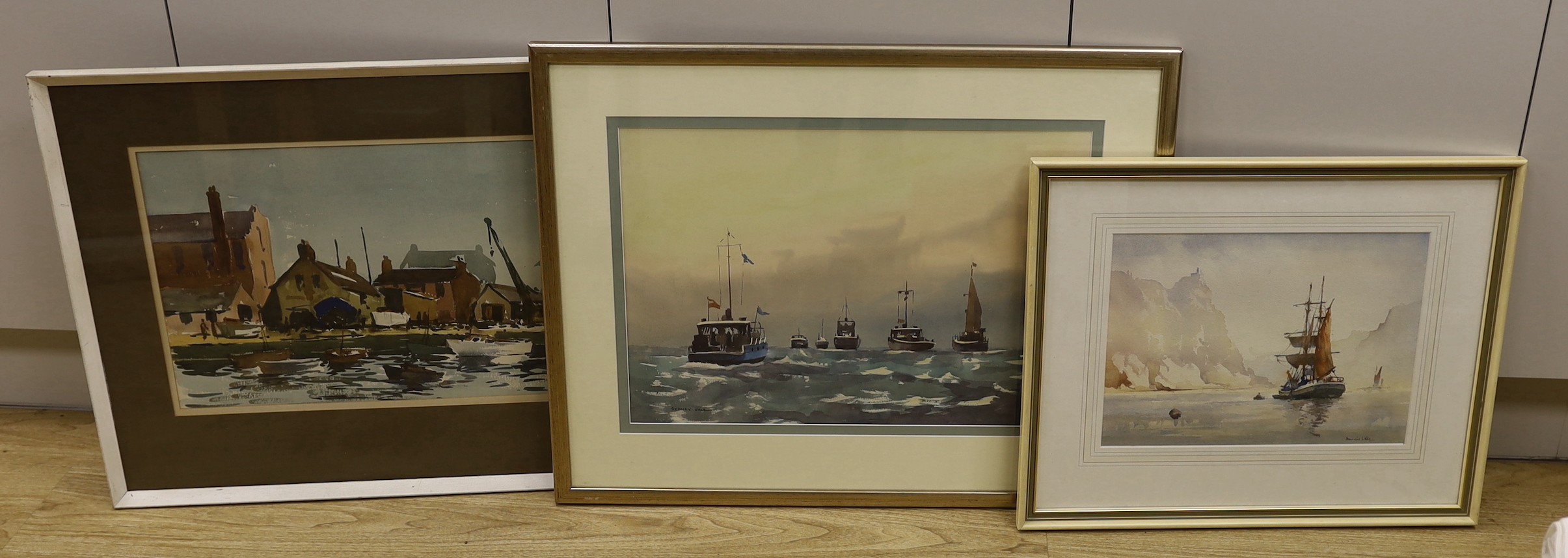Three assorted marine watercolours by Francis Leke, Sydney Vale and Griffin, largest 35 x 51cm